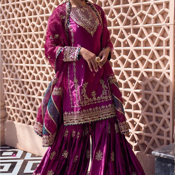 Dresses & Skirts - Deep Wine Embroidered Gharara Suit